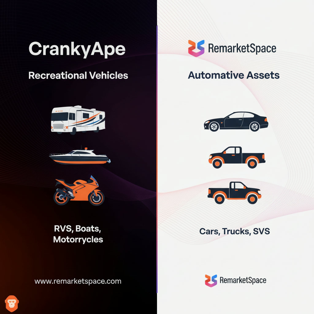 A split image or infographic showing two distinct inventories: one representing CrankyApe's focus on recreational vehicles (RVs, boats, motorcycles) and the other representing Remarket Space's specialized focus on automotive assets (cars, trucks, SUVs).