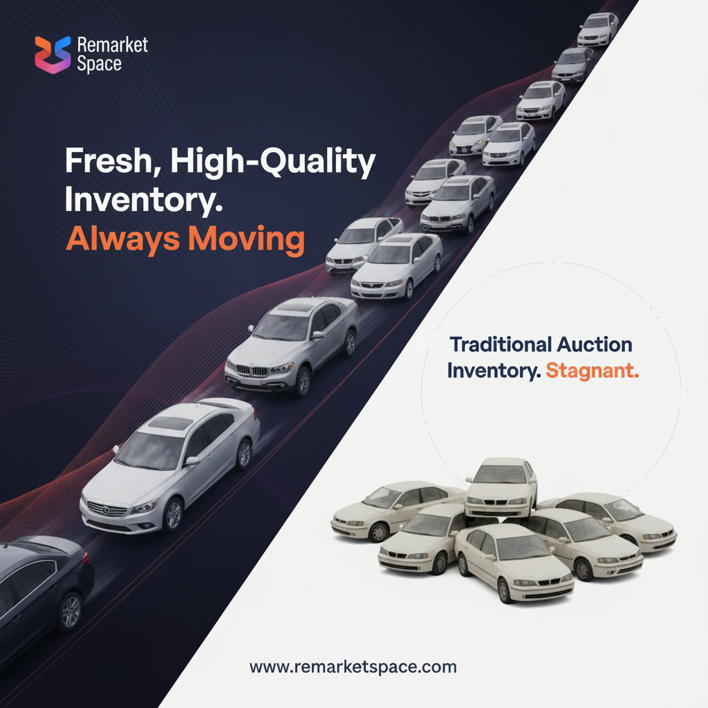 An image depicting a flow of fresh, high-quality automotive inventory (cars, trucks, SUVs) continuously moving, representing Remarket Space's quick-turnaround inventory model. This could be contrasted with a stagnant or less diverse inventory for general auction sites.
