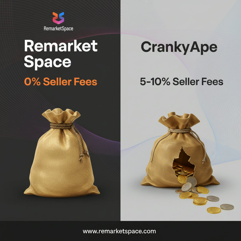 An image illustrating the fee structures of Remarket Space and CrankyApe side-by-side. Remarket Space should show '0% Seller Fees' and a full money bag, while CrankyApe shows '5-10% Seller Fees' with a partially empty money bag or coins flowing out, symbolizing lost profit.