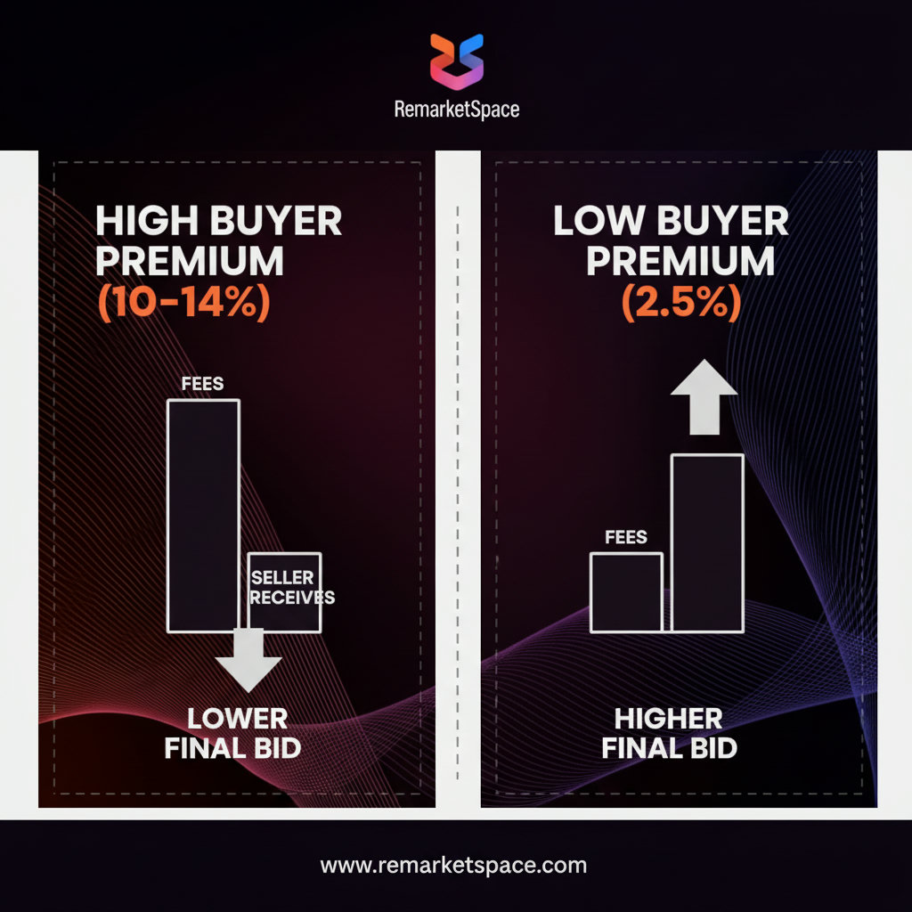 An infographic or chart comparing buyer premiums. One side represents a high buyer premium (e.g., 10-14%) with a larger section dedicated to fees, while the other side shows a low buyer premium (2.5%) with a much smaller fee section. Both should illustrate how this affects the final bid amount a seller receives.