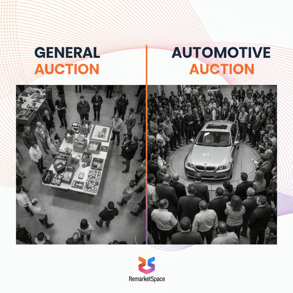 A representation of two different buyer audiences. One side depicts a scattered, less focused group of buyers at a general auction, looking at various items. The other side shows a concentrated, highly engaged group of buyers (dealers, flippers) at an automotive auction, all focused on vehicles.