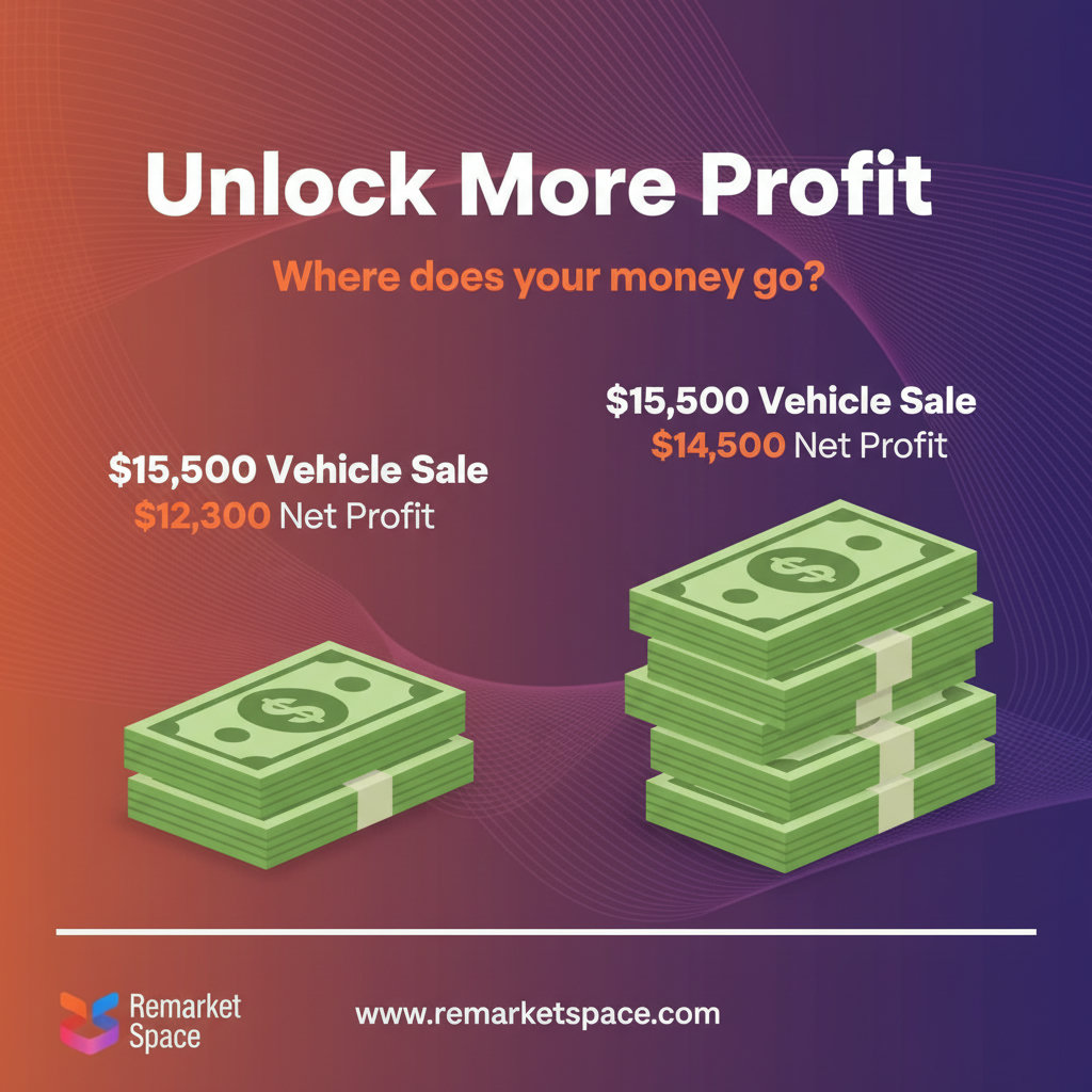 A financial comparison showcasing the difference in profit. Two stacks of money, one significantly taller than the other, representing the net profit from selling a $15,000 vehicle at Remarket Space versus a general auction. Include the specific dollar amounts as mentioned in the case study.