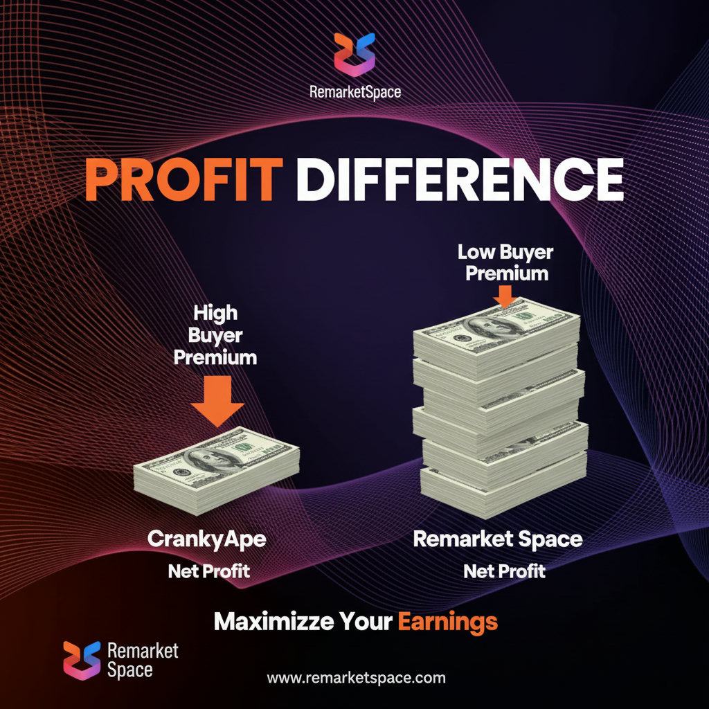 An image illustrating the profit difference with buyer premiums. Two stacks of money are shown. One stack (representing CrankyApe) is significantly shorter due to a larger portion being removed (labeled 'High Buyer Premium'). The other stack (representing Remarket Space) is taller, with only a small portion removed (labeled 'Low Buyer Premium'), emphasizing higher net profit.