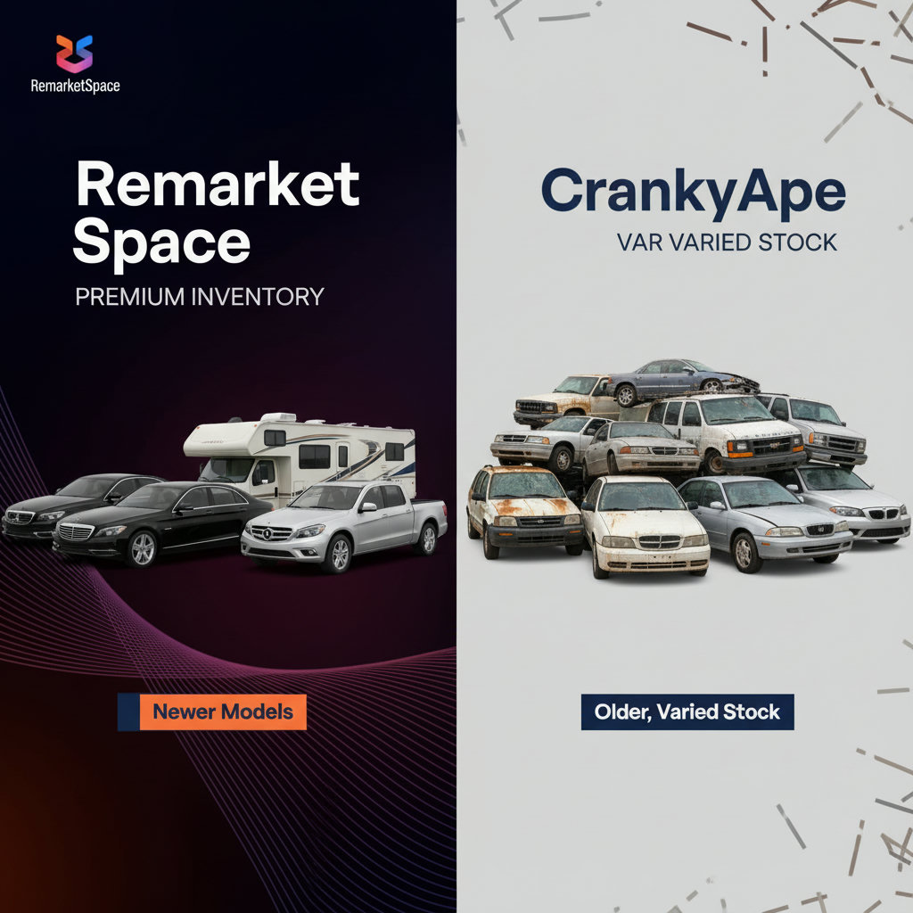 A visual representation of Remarket Space's premium inventory vs. CrankyApe's varied stock. Remarket Space's side could show a sleek lineup of late-model cars, trucks, SUVs, and RVs (perhaps with a 'Newer Models' label). CrankyApe's side could display a jumbled mix of older, diverse vehicles, some appearing used or heavily damaged (perhaps with an 'Older, Varied Stock' label).