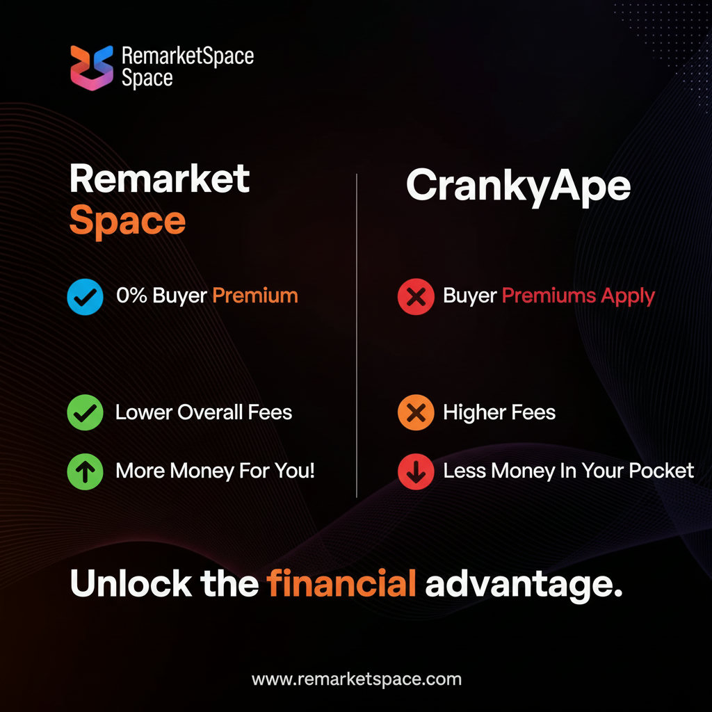 An infographic or chart visually depicting the financial benefits of using Remarket Space, focusing on zero buyer premiums and lower overall fees, contrasted with the higher costs of competitors like CrankyApe.
