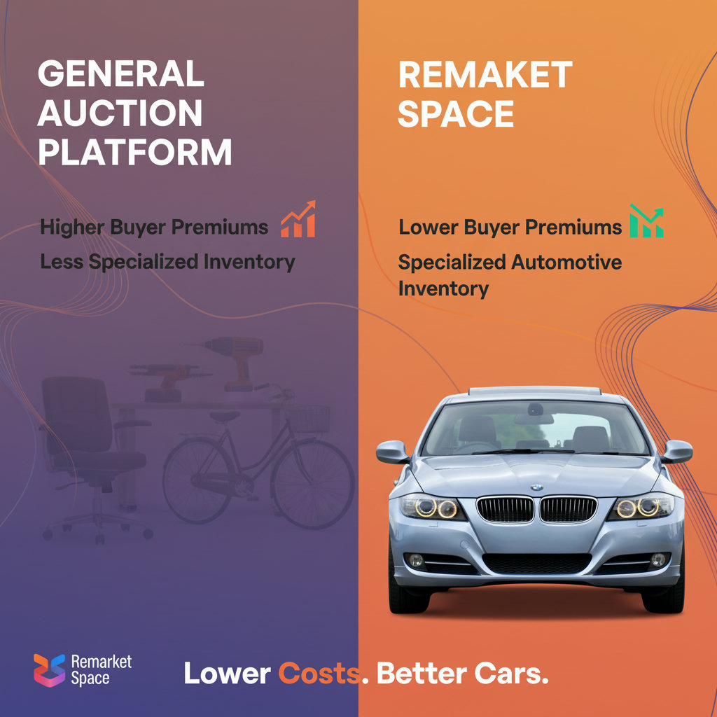 A side-by-side comparison illustrating a general auction platform with higher buyer premiums and less specialized inventory versus Remarket Space with lower buyer premiums and specialized automotive inventory. Emphasize the cost savings and specialized nature of Remarket Space.