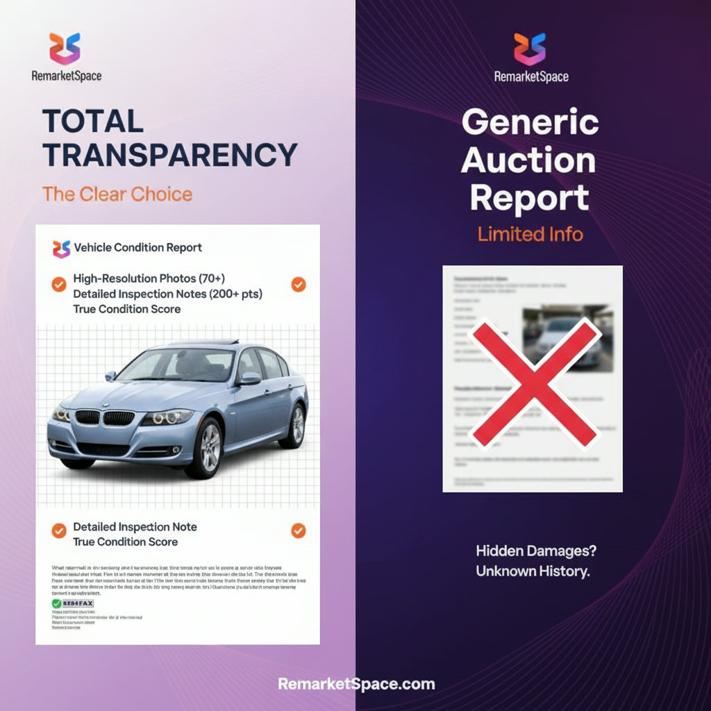An image emphasizing the transparency of Remarket Space, possibly showing a detailed vehicle condition report with high-resolution photos and notes, contrasting with a more generic or less detailed report from a general auction.