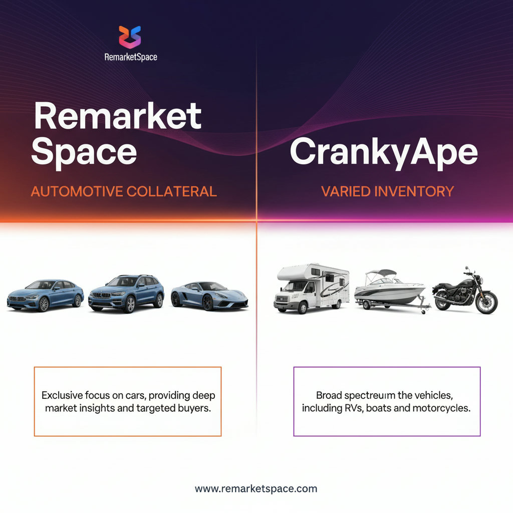 An infographic or chart showing the specialization of Remarket Space in automotive collateral versus CrankyApe's broader, more varied inventory (including RVs, boats, motorcycles). Remarket Space could feature multiple cars, while CrankyApe shows a mix of different vehicle types.