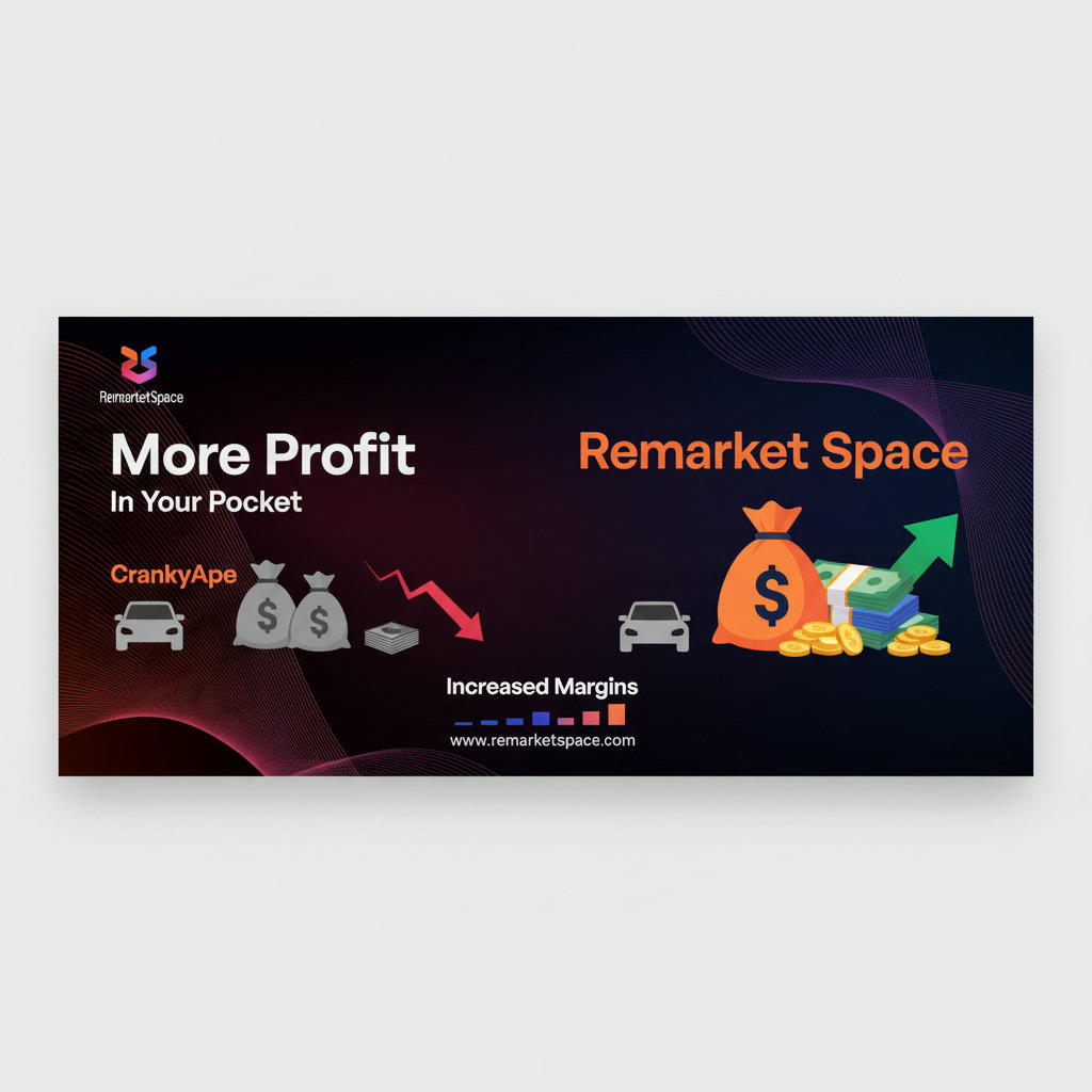A clear visual representation of increased profit margins. This could be a graph trending upwards, or a visual showing a larger monetary gain for Remarket Space users (e.g., larger money bags, more cash in hand) compared to CrankyApe users for the same vehicle sale.