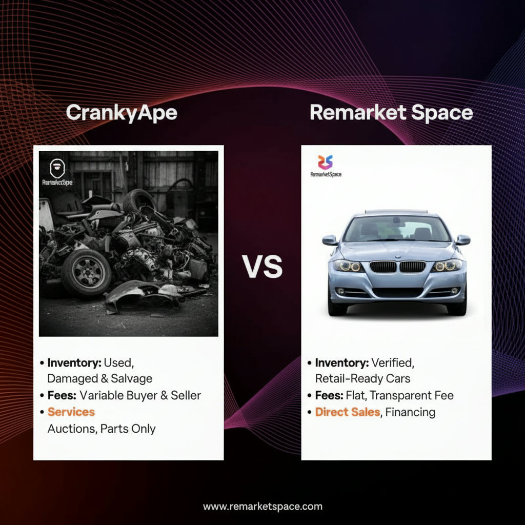 A visual comparison of two car marketplace platforms, CrankyApe and Remarket Space, highlighting their differences in inventory, fees, and services. This could be a split screen or a 'versus' layout.