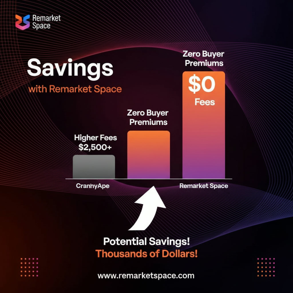 A graphic showing the financial savings achieved by using Remarket Space due to its zero buyer premiums, contrasted with the higher costs associated with CrankyApe's fees. This could be a bar chart or a visual representation of money saved.