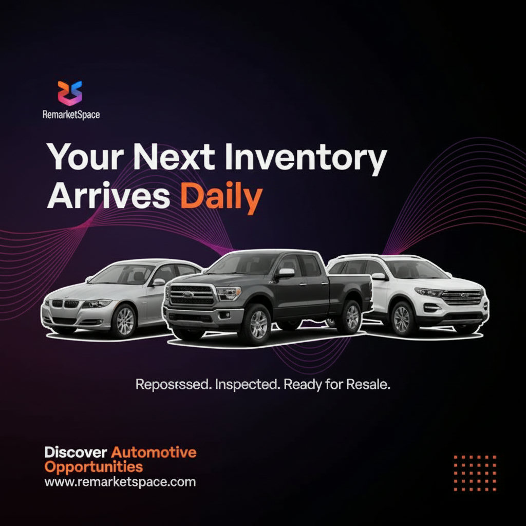 An image depicting a diverse range of repossessed vehicles (cars, trucks, SUVs) available at Remarket Space, emphasizing their 'ready for resale' state and dedicated automotive focus.