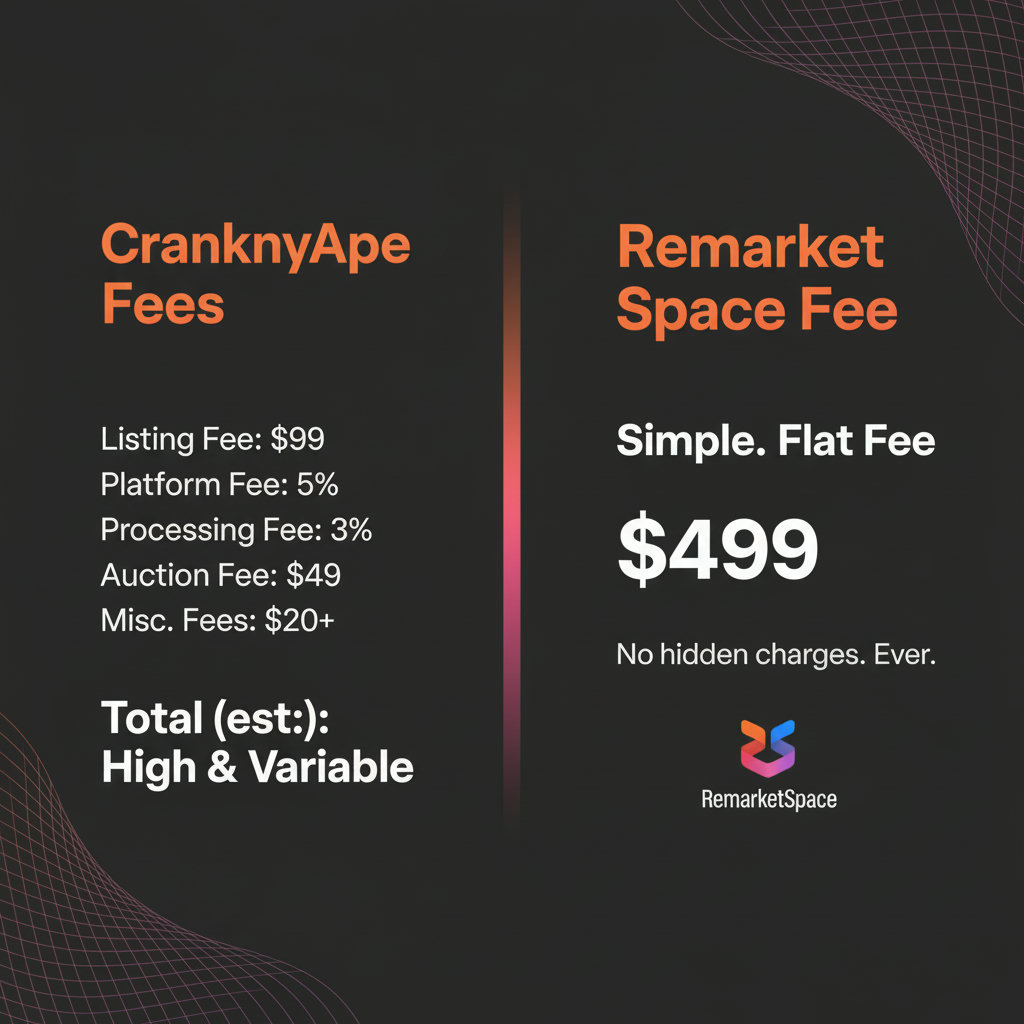 A visual comparison of two fee structures with clear labels for each fee type and their corresponding amounts, perhaps using a split screen or side-by-side infographic. One side would represent CrankyApe with higher, more numerous fees, and the other, Remarket Space with a simpler, lower flat fee.