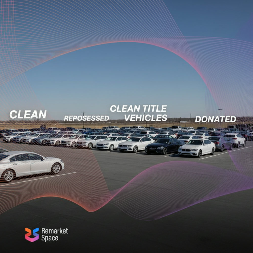 Showcasing a diverse range of high-quality vehicles, emphasizing 'clean title' cars, along with sources like repossessed vehicles, dealer consignments, and donated cars. The image could be a collage or a panoramic view of an idealized auction lot with various vehicle types.