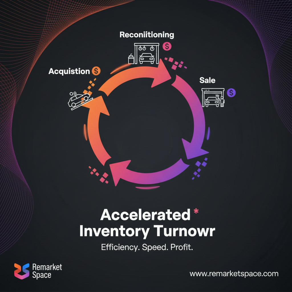 An image illustrating the concept of 'inventory turnover' with a cyclical graphic showing vehicles moving quickly from acquisition to reconditioning to sale, perhaps with dollar signs indicating profit at each stage. It should convey speed and efficiency.