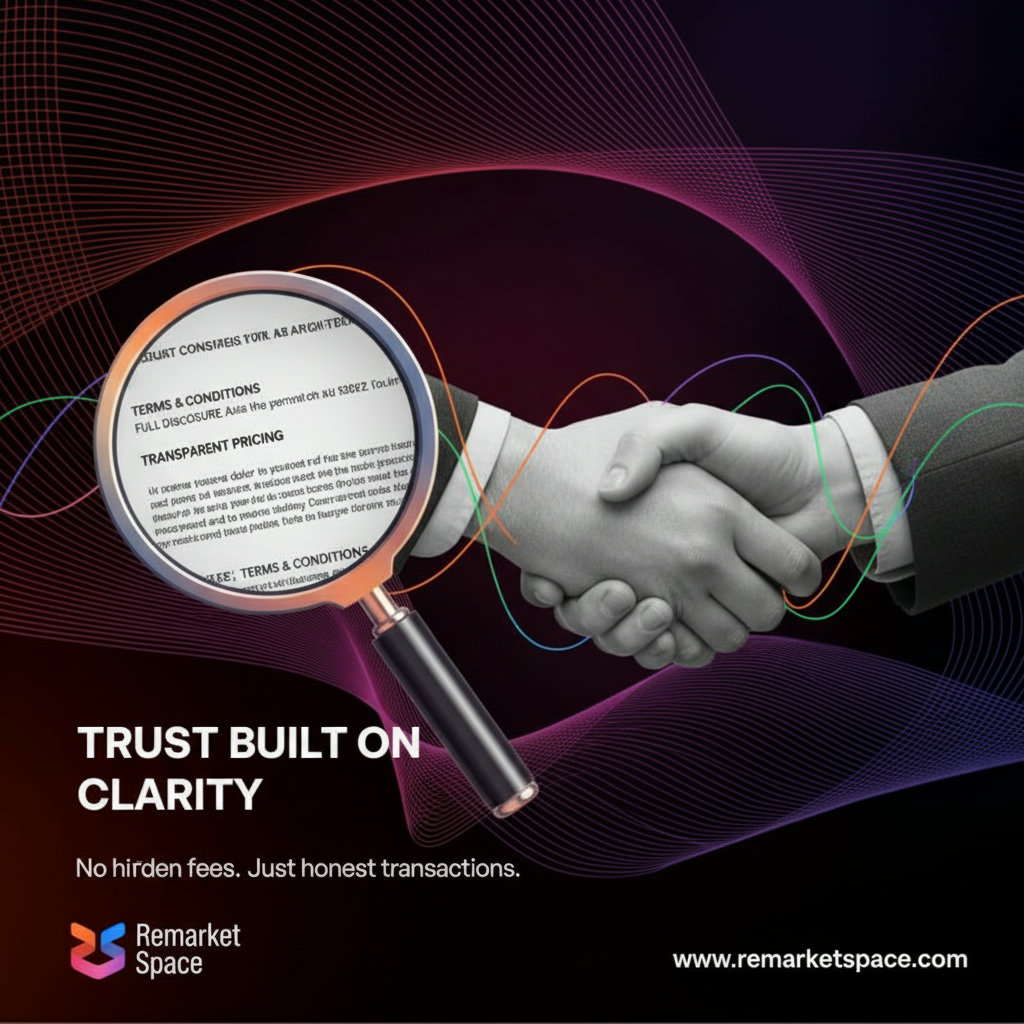 A visual representation of transparency and trust, perhaps using a magnifying glass over a contract with clear, legible text, or a handshake exchange with glowing lines connecting the two parties, symbolizing a clear and honest transaction.