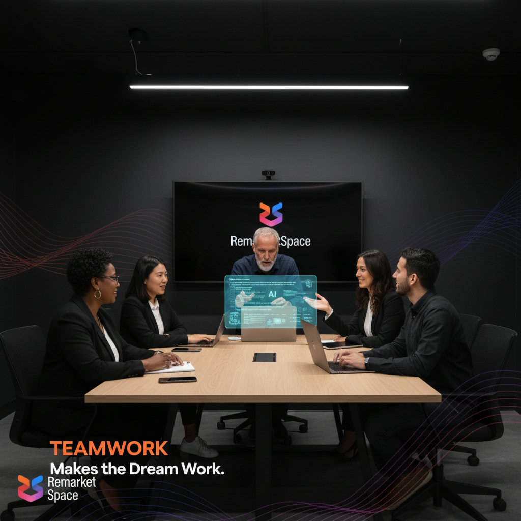 A diverse group of people from different generations collaborating in a modern, flexible office space, with technological elements like AI interfaces subtly integrated. Emphasize teamwork and knowledge sharing.