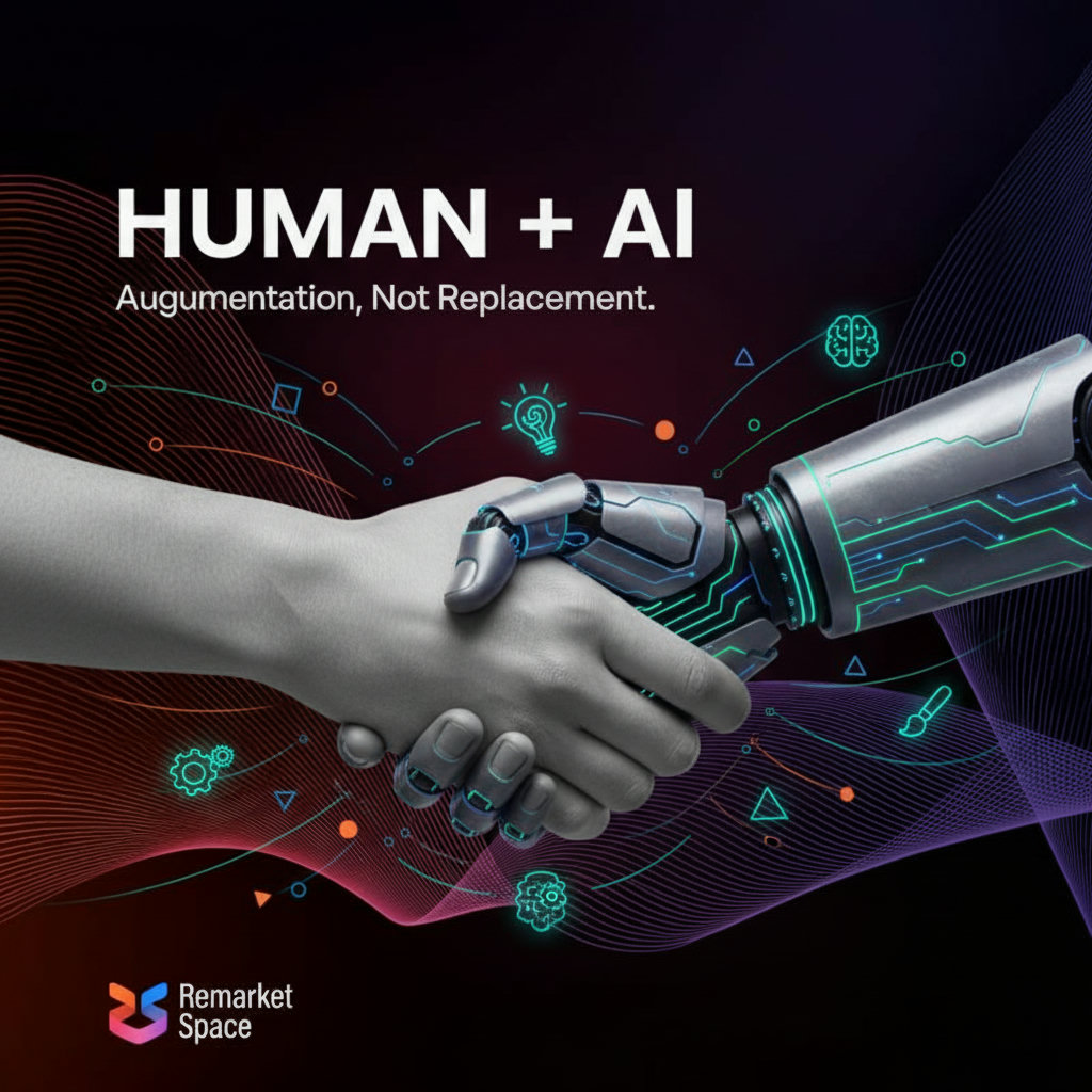 An abstract representation of AI and human collaboration. Perhaps a human hand and a robotic hand interlocking, surrounded by data streams and creative symbols, signifying augmentation rather than replacement.