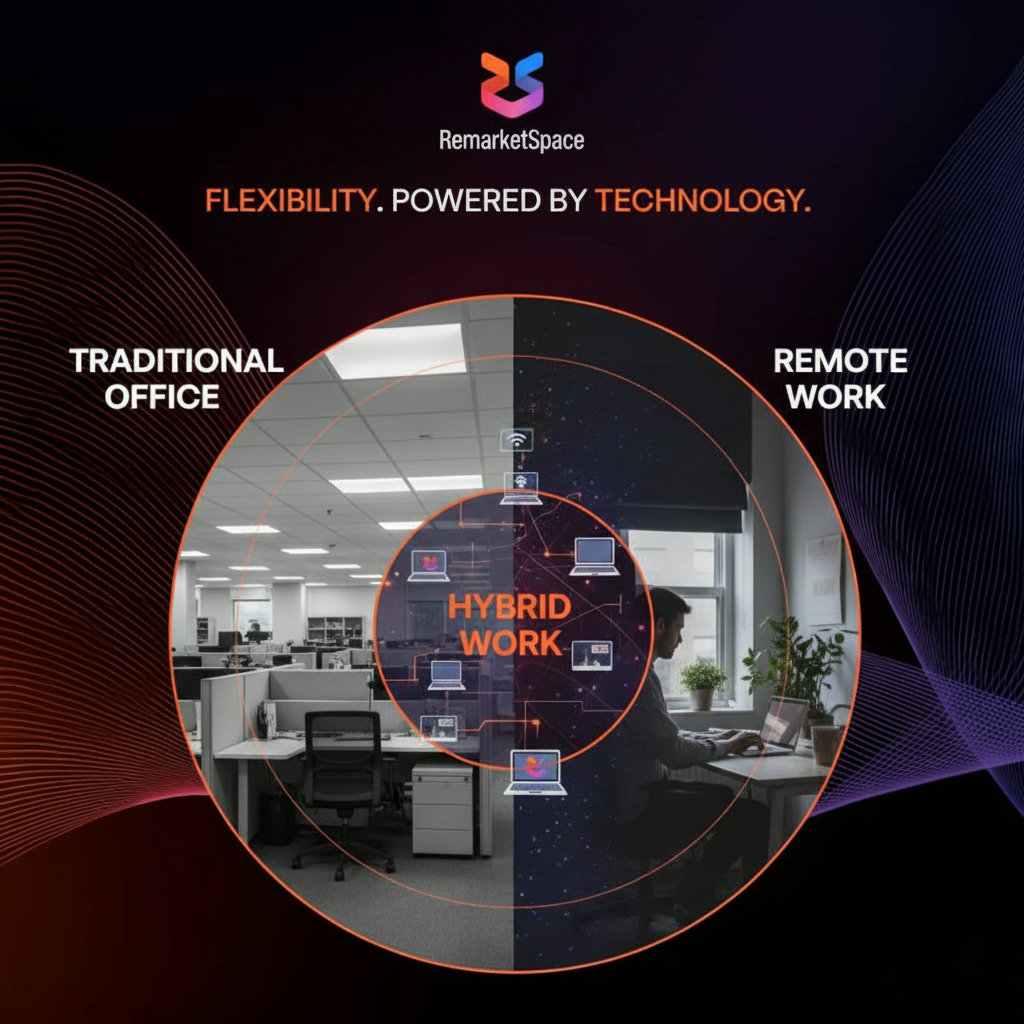 A split image or Venn diagram showing traditional office settings contrasting with remote work setups, connected by lines representing hybrid work. Include elements of flexibility and technology enabling this shift.
