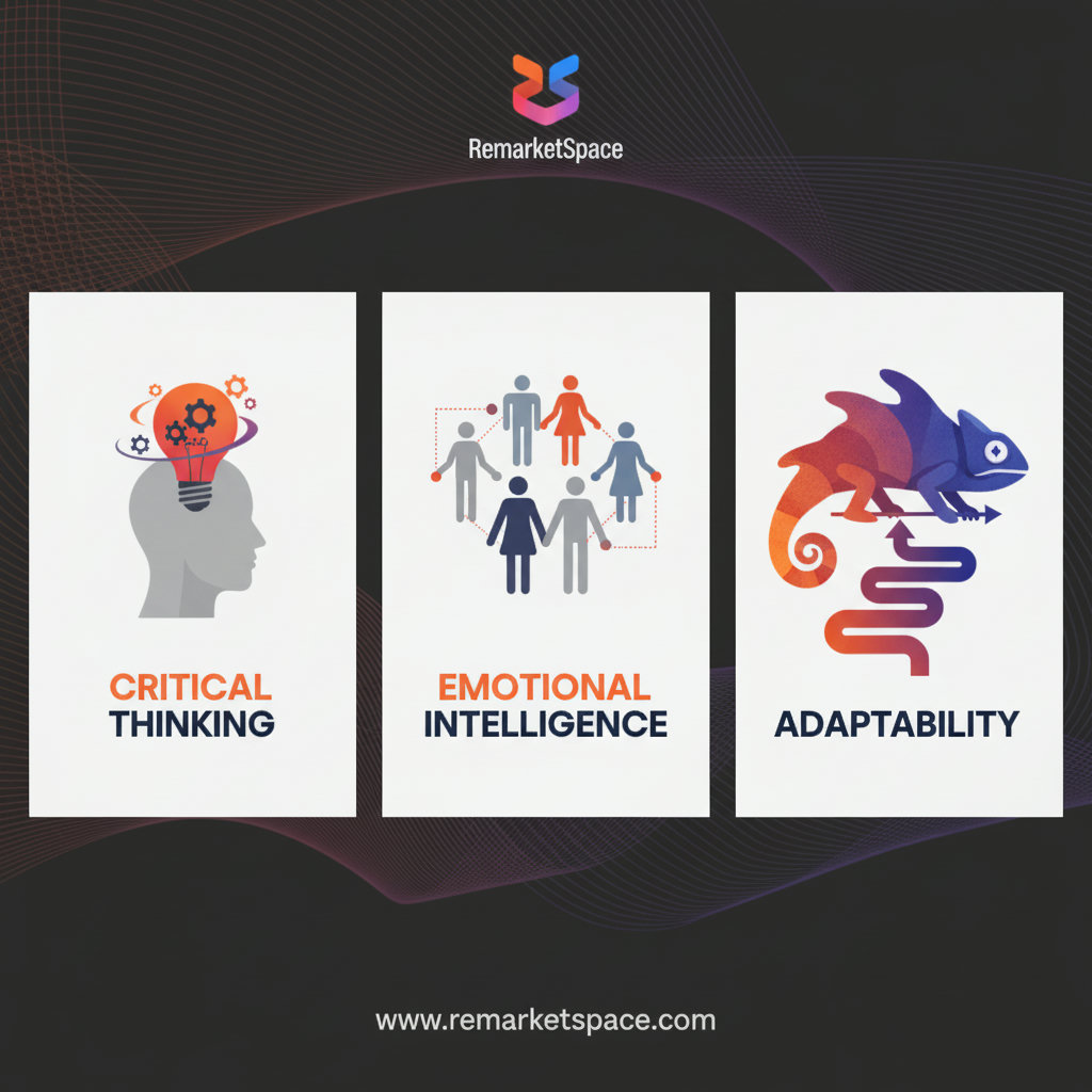 Illustrate key human skills like critical thinking (a lightbulb over a head with gears), emotional intelligence (interconnected brain represented by diverse group of people showing empathy), and adaptability (a chameleon changing colors or a person agilely navigating changing paths).