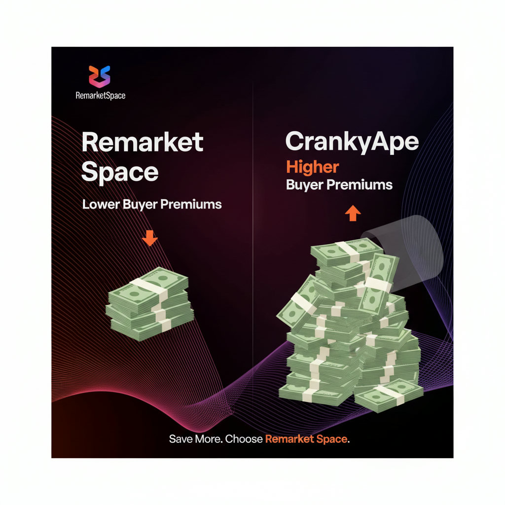 A visual comparison highlighting the significantly lower buyer premiums at Remarket Space (e.g., a small stack of money) versus CrankyApe (e.g., a much larger stack of money or money being siphoned away).