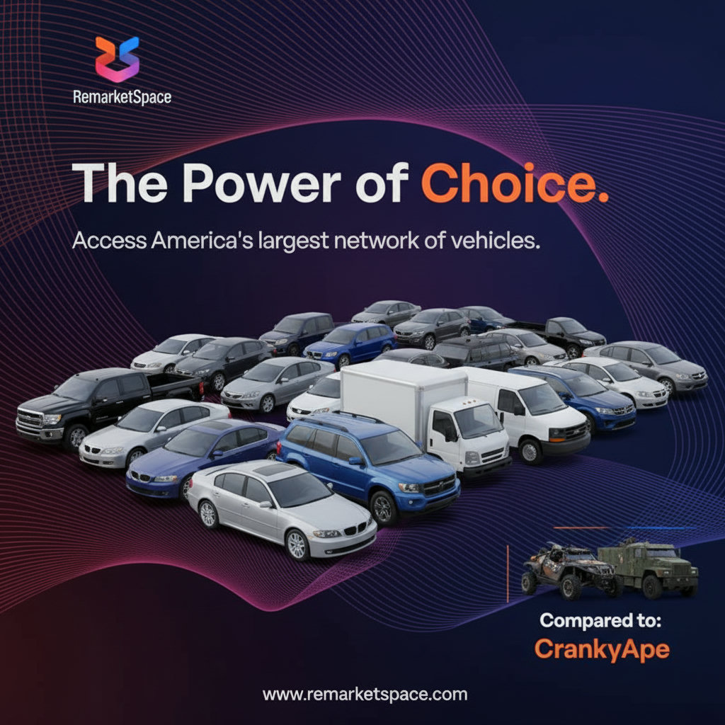 An image depicting a wide variety of vehicles (cars, trucks, SUVs, commercial vehicles) representing the extensive inventory available at Remarket Space, potentially contrasted with a more limited selection of specialized vehicles for CrankyApe.