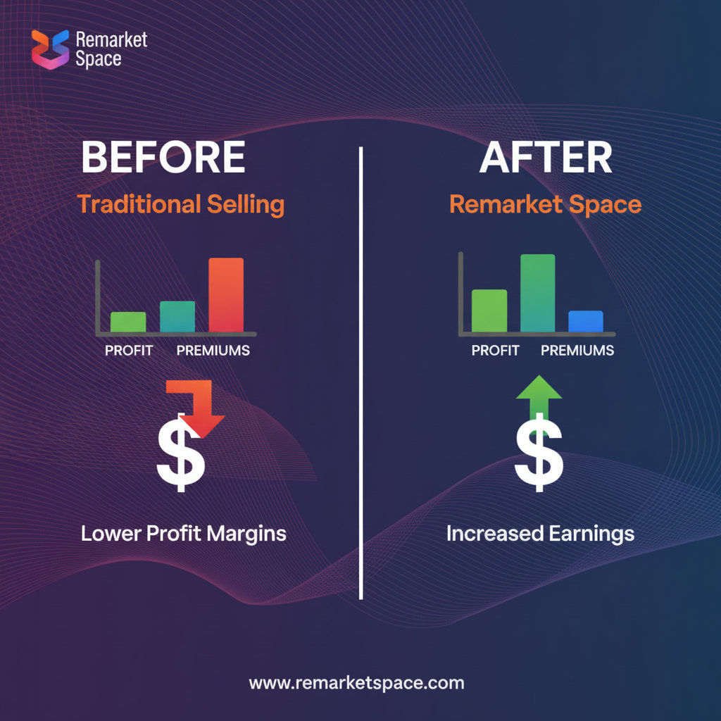 A split image or infographic demonstrating the financial impact of choosing Remarket Space, showing a clear increase in profit for a car flipper or dealer due to lower premiums; perhaps a before-and-after of profit margins.