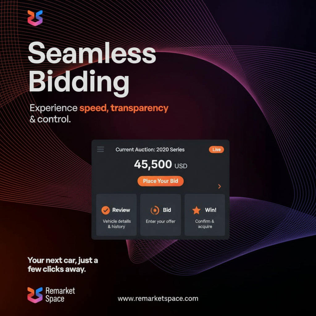 A visual representation of the streamlined bidding and acquisition process at Remarket Space, possibly an interface showing ease of use, clear information, and quick transactions.