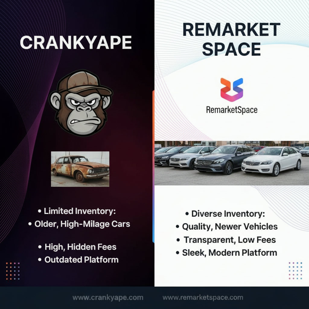 A visual comparison of two platforms for buying used cars in Minnesota, highlighting their differences in inventory, fees, and overall value. One side shows an ape representing 'CrankyApe' with limited, older vehicles and high fees. The other side shows a sleek, modern, well-organized 'Remarket Space' platform with diverse, quality vehicles and competitive fees.
