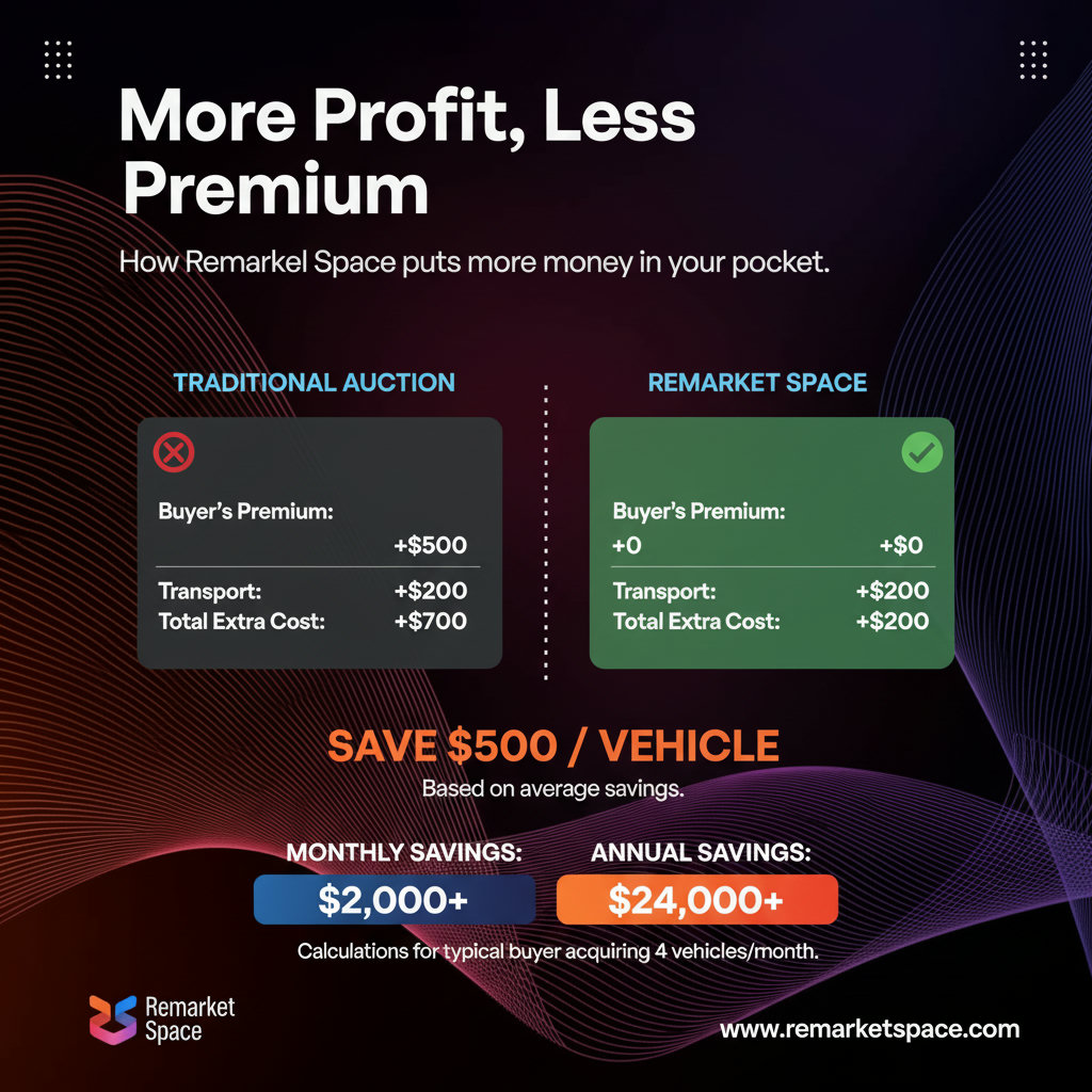 An infographic or chart showing the financial benefits of Remarket Space, specifically illustrating how lower buyer premiums lead to higher profit margins. This could involve showing a calculation of savings per vehicle and monthly/annual savings for a typical buyer.