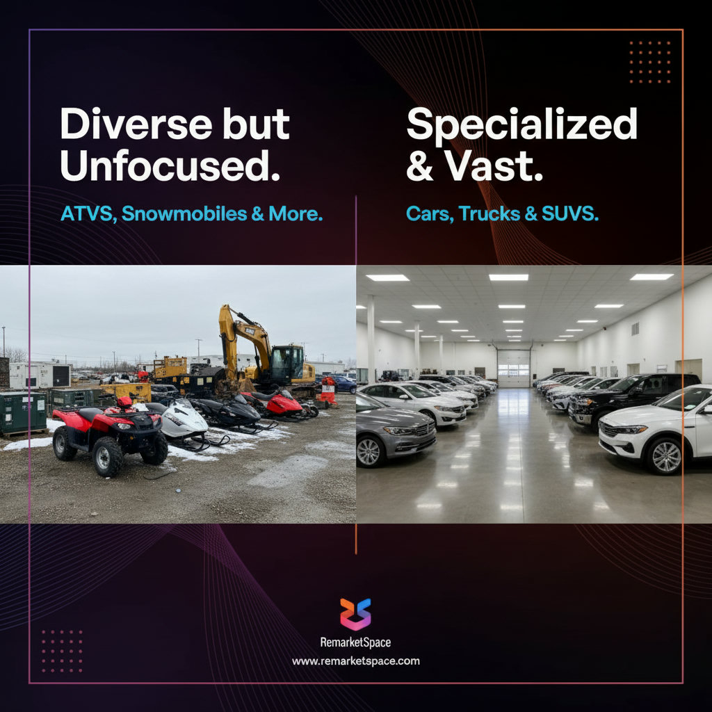 A split image or two distinct images. One side depicts a cluttered, unorganized marketplace with various non-car items (like ATVs, snowmobiles, and industrial equipment), symbolizing CrankyApe's diverse but unfocused inventory. The other side depicts a clean, organized, and exclusively automotive marketplace with various cars, trucks, and SUVs, representing Remarket Space's specialized and vast inventory.