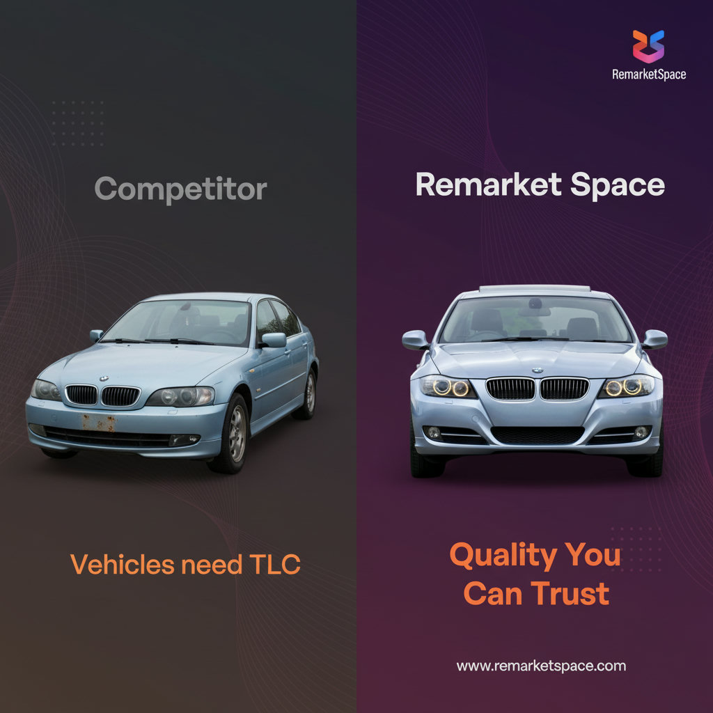 An illustration contrasting two online auction platforms, highlighting Remarket Space's superior inventory quality (e.g., sleek, well-maintained cars) against a competitor's (e.g., vehicles needing significant repair).