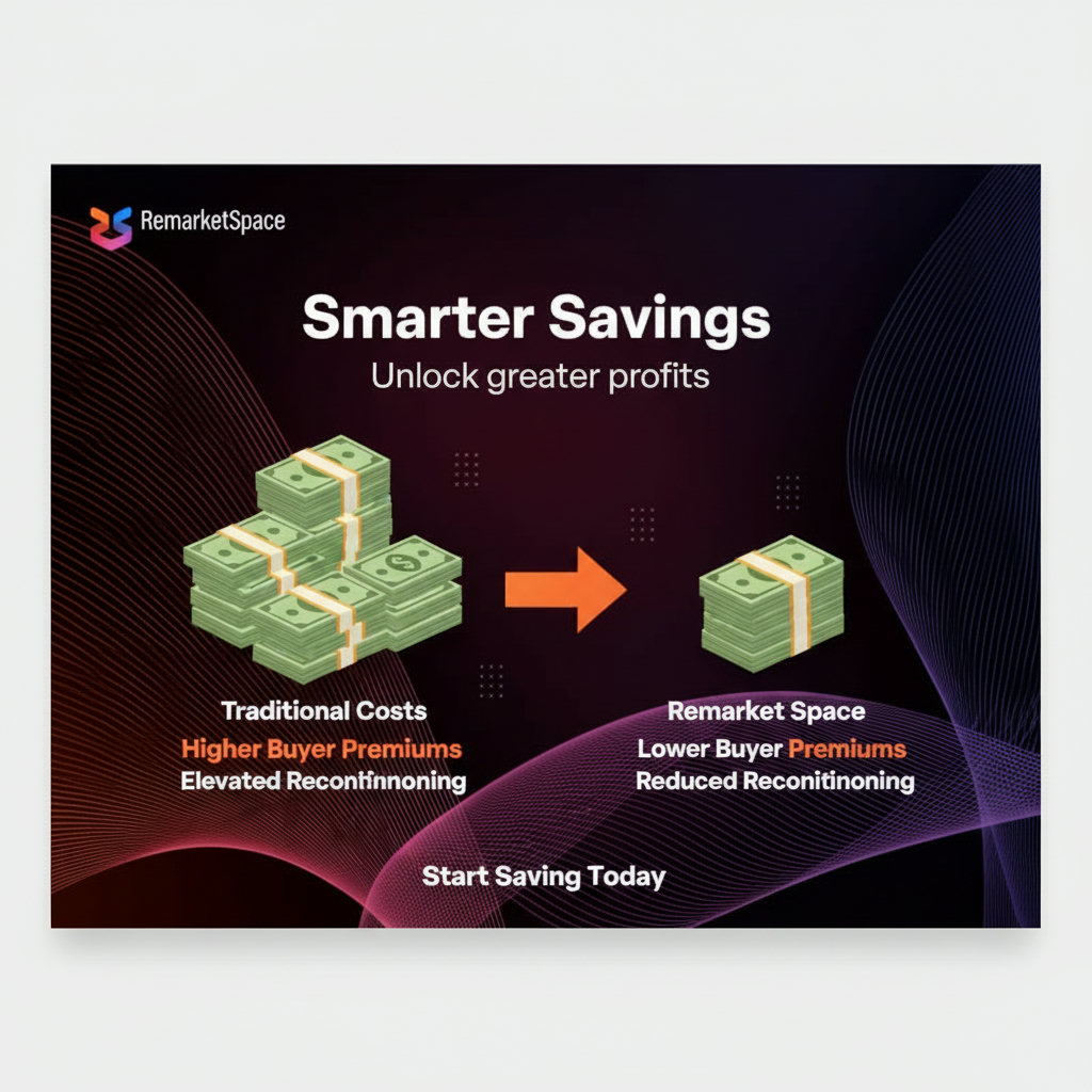 A visual representation of cost savings, perhaps a graphic comparing stacks of money or profit margins, explicitly showing lower buyer premiums and reduced reconditioning costs with Remarket Space.