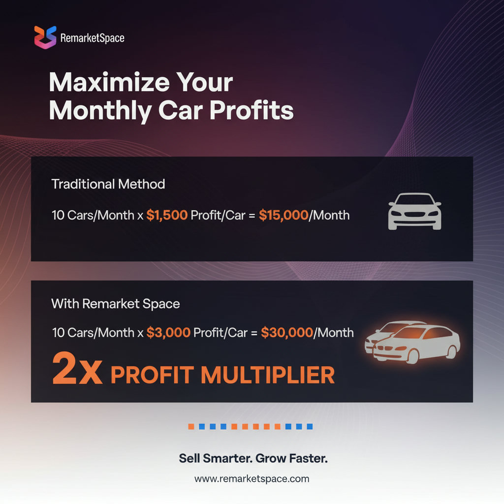 A chart or infographic demonstrating the calculation of profit multipliers, illustrating how choosing Remarket Space can lead to significantly higher monthly profits for a business flipping multiple cars.