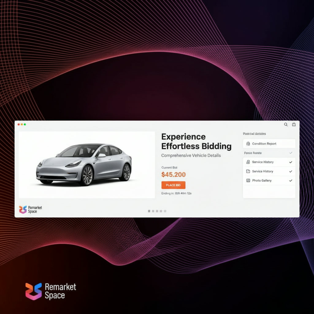 An image depicting a seamless and intuitive online auction experience, showcasing easy navigation, comprehensive vehicle details, and efficient bidding on the Remarket Space platform.
