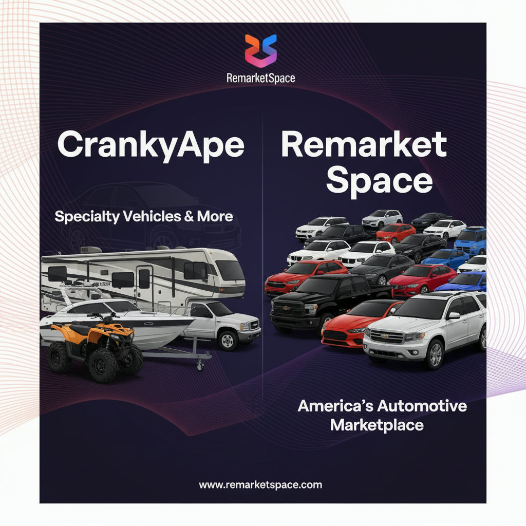 A split image or infographic comparing CrankyApe (left) with Remarket Space (right). CrankyApe's side could show various recreational vehicles like RVs, boats, and ATVs, along with a smaller, perhaps faded, car icon. Remarket Space's side should prominently feature a diverse range of cars, trucks, and SUVs, emphasizing an abundance of automotive inventory. This visual would highlight the core difference in their inventory focus.