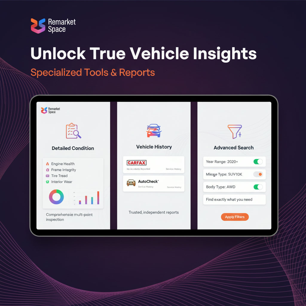 A visual depicting the specialized tools and reports offered by Remarket Space. This could include icons or mock-ups of a detailed vehicle condition report, a CarFax/AutoCheck report, and advanced search filters, all presented within a clean, modern digital interface. The contrast could implicitly be made with CrankyApe's lack of such specialized automotive features.