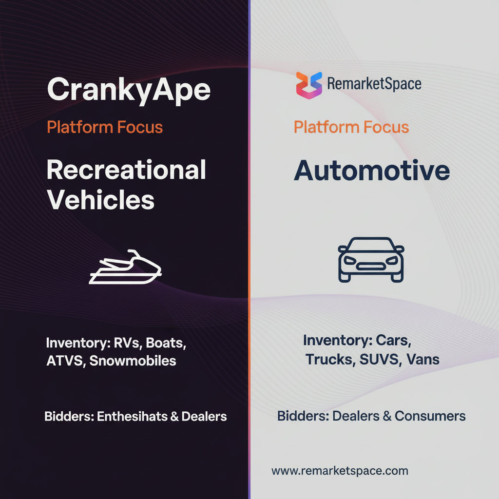 A visual comparison of two auction platforms, CrankyApe and Remarket Space, highlighting their differences in focus (recreational vehicles vs. automotive), inventory, and bidder pools. This could be represented as a split screen or side-by-side infographic.