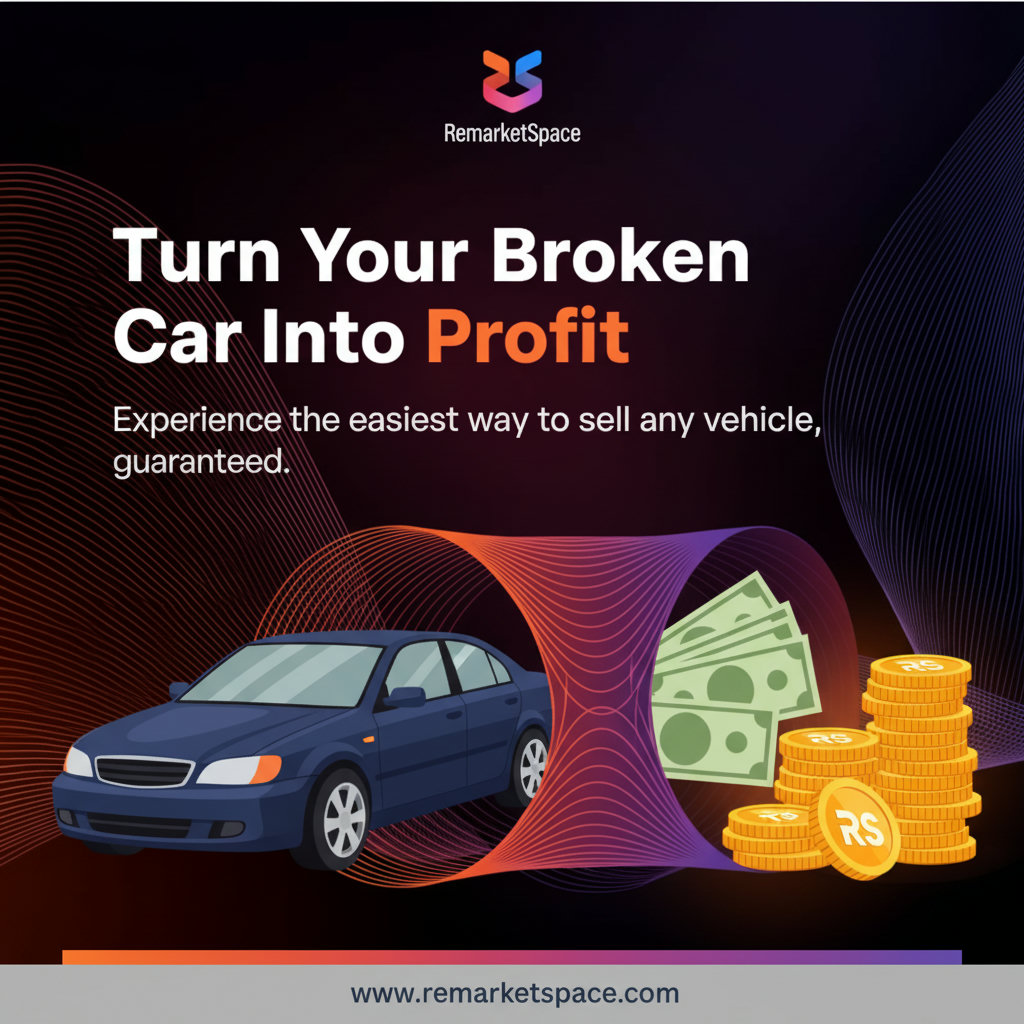 An image illustrating the concept of a 'broken car' being transformed into profit. This could be a stylized depiction of a damaged car entering a process and emerging as a valuable asset or a stack of money.