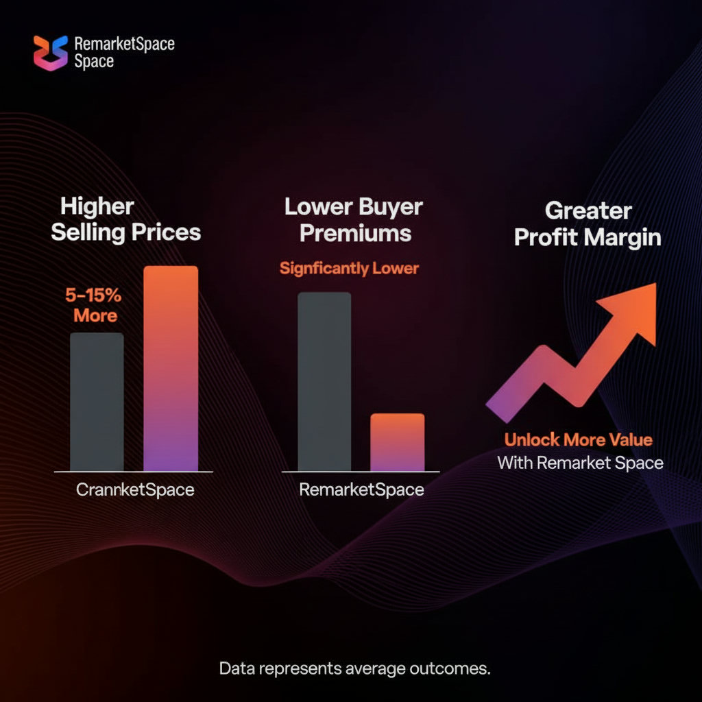 A graph or chart visually representing the financial advantage of using Remarket Space over CrankyApe, specifically showing the 5-15% higher selling prices and lower buyer premiums, leading to greater profit margins.