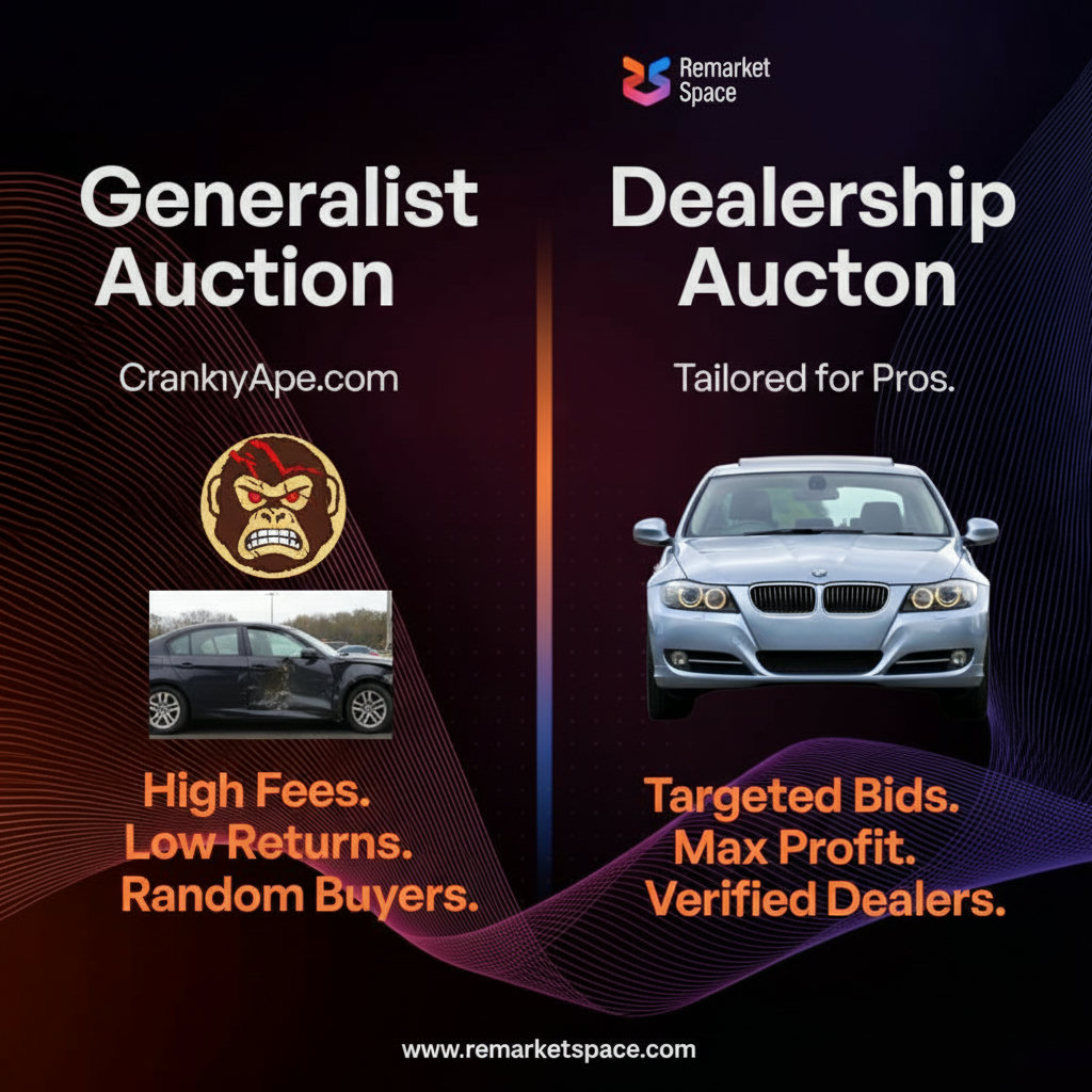 An image comparing a generalist auction site (e.g., CrankyApe) with a specialized dealership auction platform (e.g., Remarket Space). This could involve two distinct interfaces or contrasting logos, highlighting the difference in their approach to selling vehicles, especially those with hail damage.