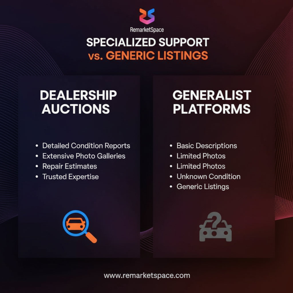 A visual depicting the specialized support and expertise offered by dealership auctions, such as detailed condition reports, extensive photo galleries, and repair estimates versus a more generic or less detailed offering from generalist platforms.