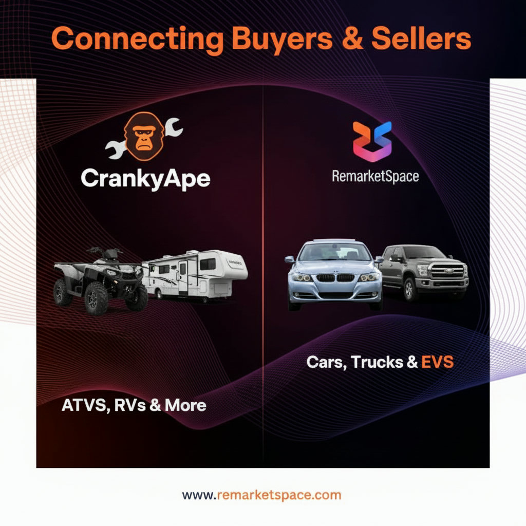 A visual comparison of CrankyApe and Remarket Space logos, potentially with a neutral background, with icons or small images representing their respective inventory focuses (e.g., an ATV/RV for CrankyApe and a car/truck for Remarket Space).