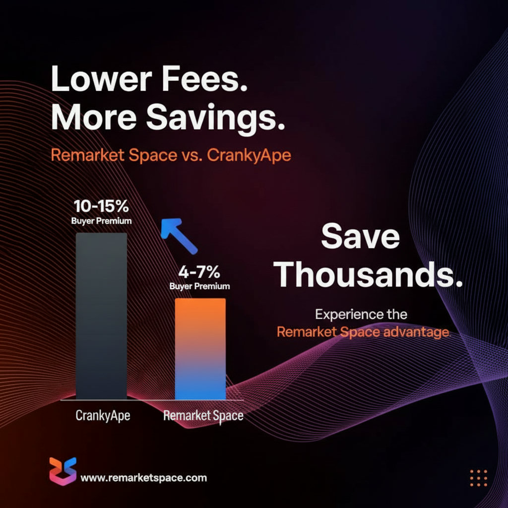 A graphic illustrating the difference in buyer premium percentages between CrankyApe and Remarket Space. This could be a bar chart or two pie charts side-by-side, visually highlighting the lower percentages for Remarket Space and the financial savings for the buyer. Text overlays could emphasize 