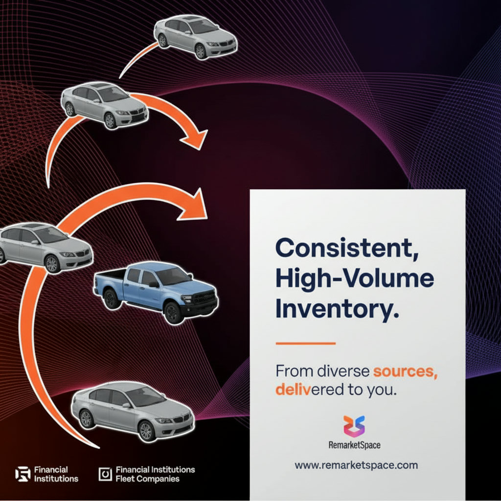 An image depicting a flow of vehicles (cars, trucks, SUVs) from various sources like financial institutions and fleet companies towards the Remarket Space platform, symbolizing a consistent and high-volume inventory.