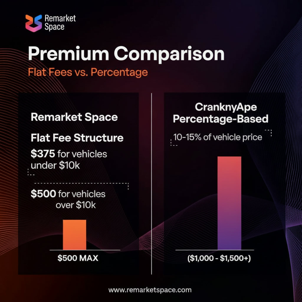 A side-by-side comparison illustrating the buyer premiums of Remarket Space (flat fees) versus CrankyApe (percentage-based). This could use a visual representation like a bar graph or a simple infographic with two columns showing the cost difference for different vehicle values. The Remarket Space side should clearly show 'Flat Fee: $375/$500' and the CrankyApe side 'Percentage-based: 10-15%'.