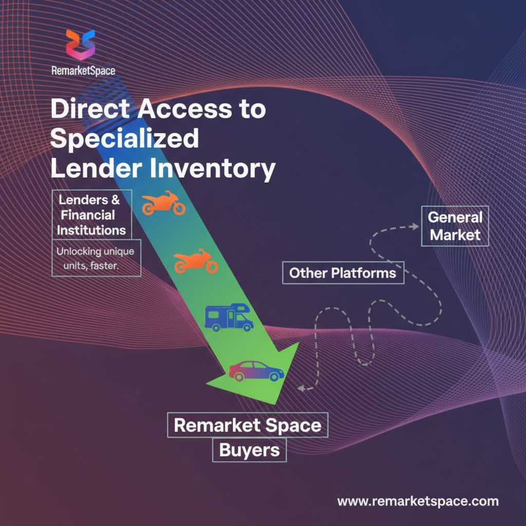 An image illustrating the concept of 'Direct Access to Specialized Lender Inventory' from Remarket Space. This could be represented by a clean, direct pipeline or arrow leading from 'Lenders/Financial Institutions' directly to 'Remarket Space Buyers', contrasting with a more circuitous or less direct path for other platforms. The inventory could be symbolized by various icons representing powersports, RVs, and specialized automotive units.