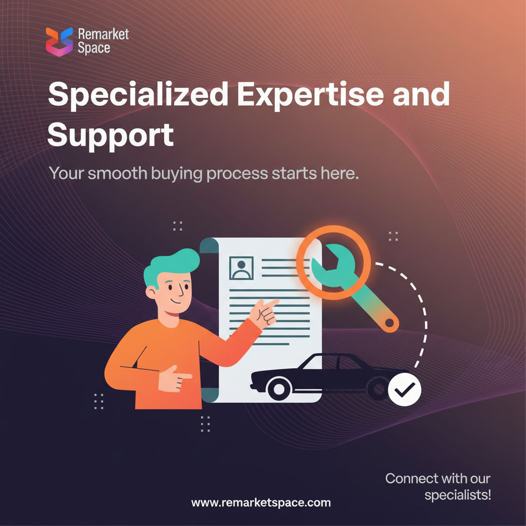 A visual representation of the 'Specialized Expertise and Support' offered by Remarket Space. This could involve an icon or illustration of a helpful guide or specialist, perhaps with a magnifying glass over documentation or a wrench signifying expertise in specialized vehicles, all pointing towards a smooth and efficient buying process for the user.