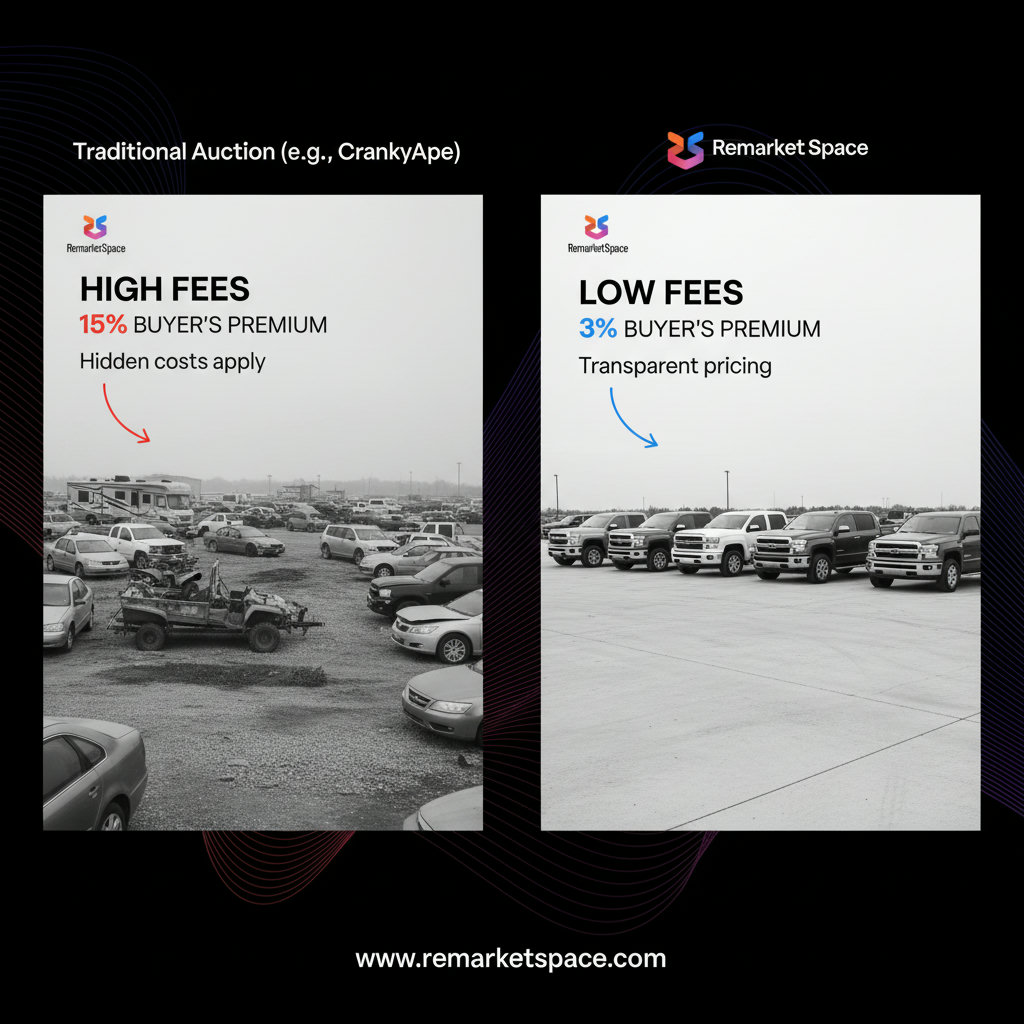 A side-by-side comparison of a traditional, generalized auction (like CrankyApe) and Remarket Space. CrankyApe's side could show a messy, diverse collection of vehicles (RVs, ATVs, scattered cars) with high fees visible. Remarket Space's side would feature an organized display of only high-quality pickup trucks, with clear, low-fee indicators, symbolizing specialization and better deals.
