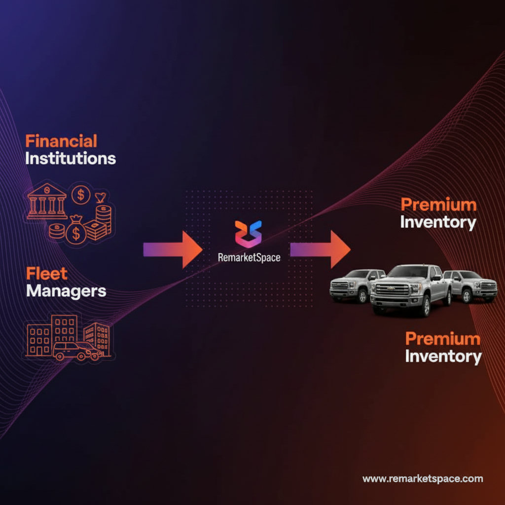 An infographic or visual hierarchy illustrating the sources of Remarket Space's inventory. This could show arrows flowing from 'Financial Institutions' (represented by banking symbols and money bags) and 'Fleet Managers' (represented by a fleet of professional vehicles or corporate buildings) into a central 'Remarket Space' hub, which then leads to a selection of premium pickup trucks. This emphasizes direct access and quality sourcing.